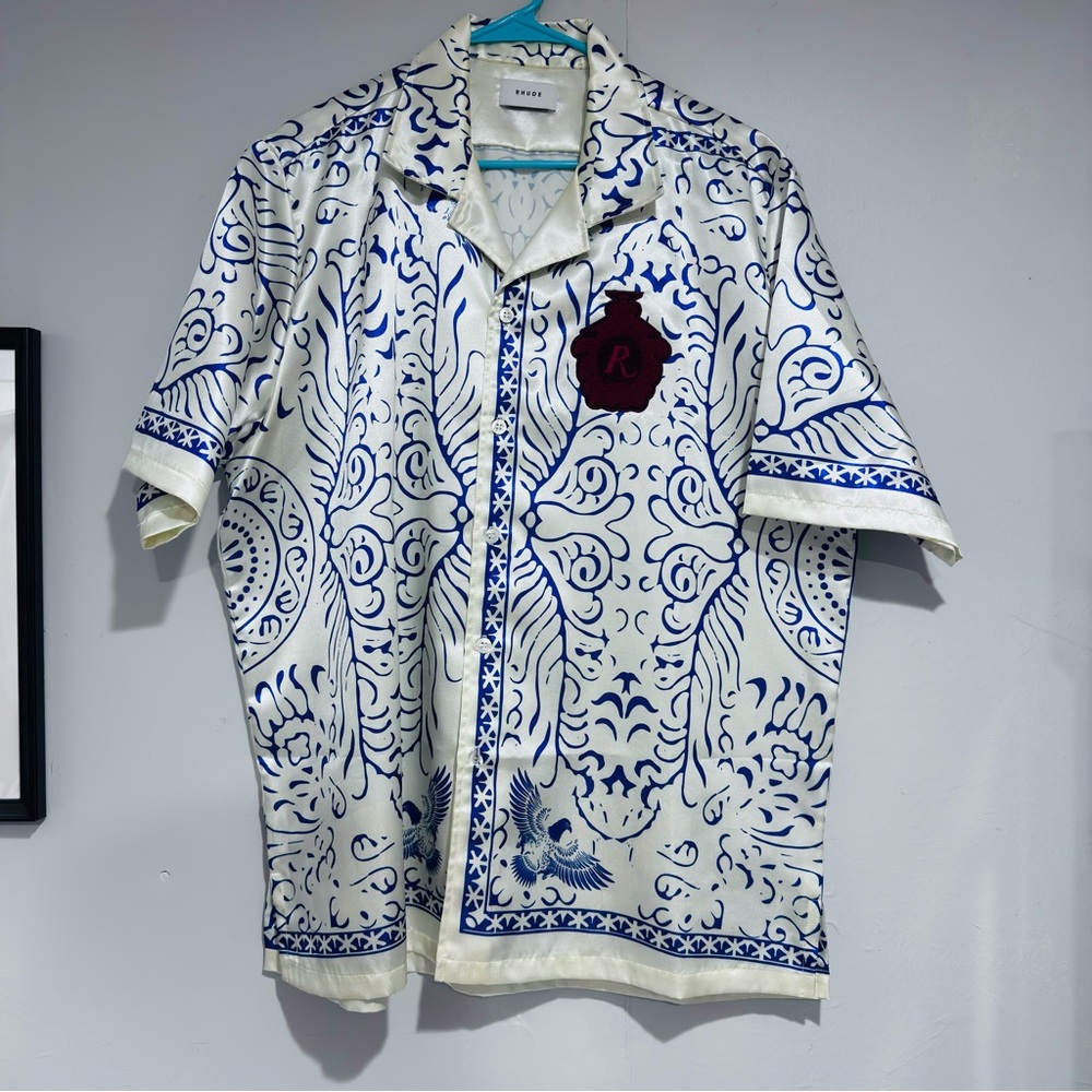 RHUDE SSENSE Exclusive!!! 
Off-White & Blue Tile Print Satin Shirt